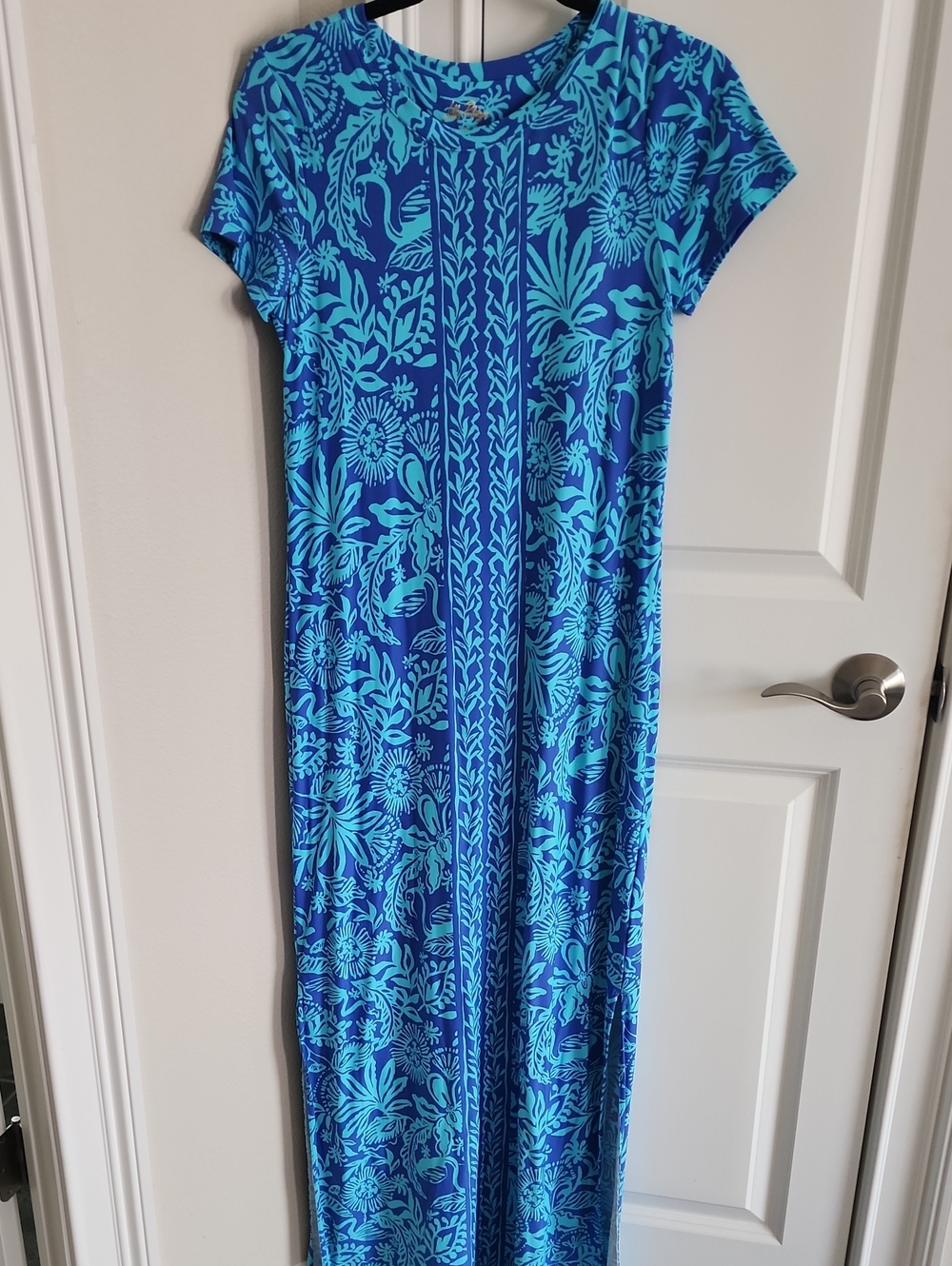 Floral Print Blue Maxi Dress with Short Sleeves